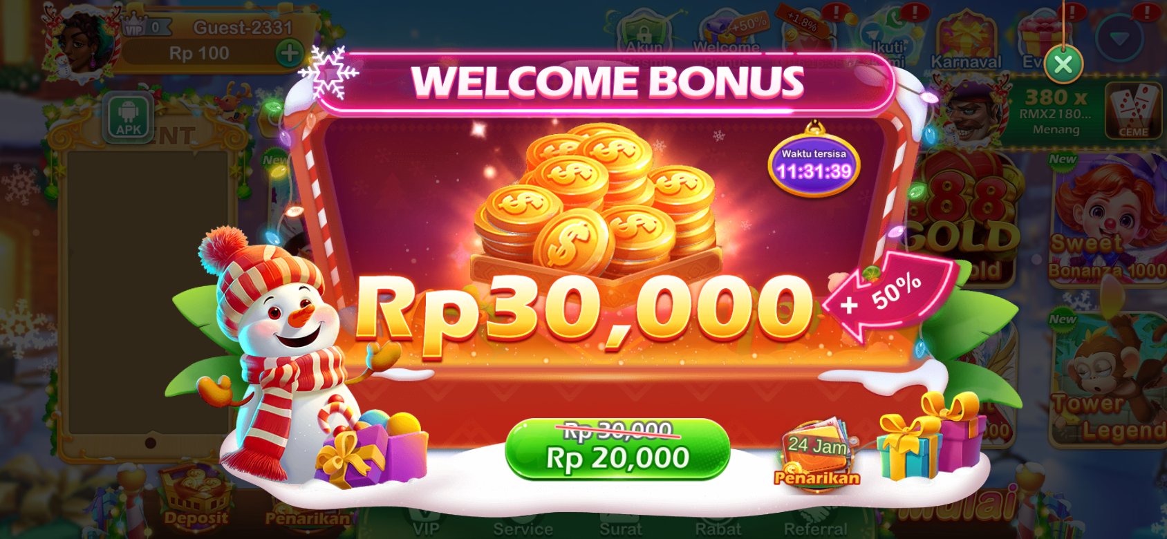 Bonus selamat datang K3K3 1 Apk G 7 dengan diskon spesial untuk pengguna baru.