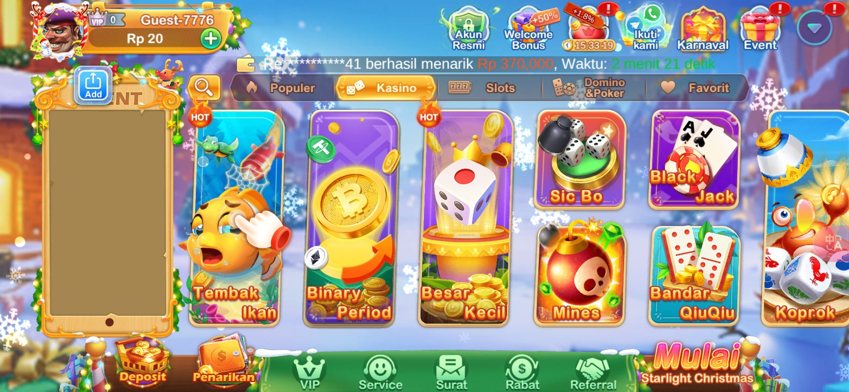 Game kasino populer seperti Tembak Ikan dan Sic Bo tersedia di K3K3 1 Apk G 7.